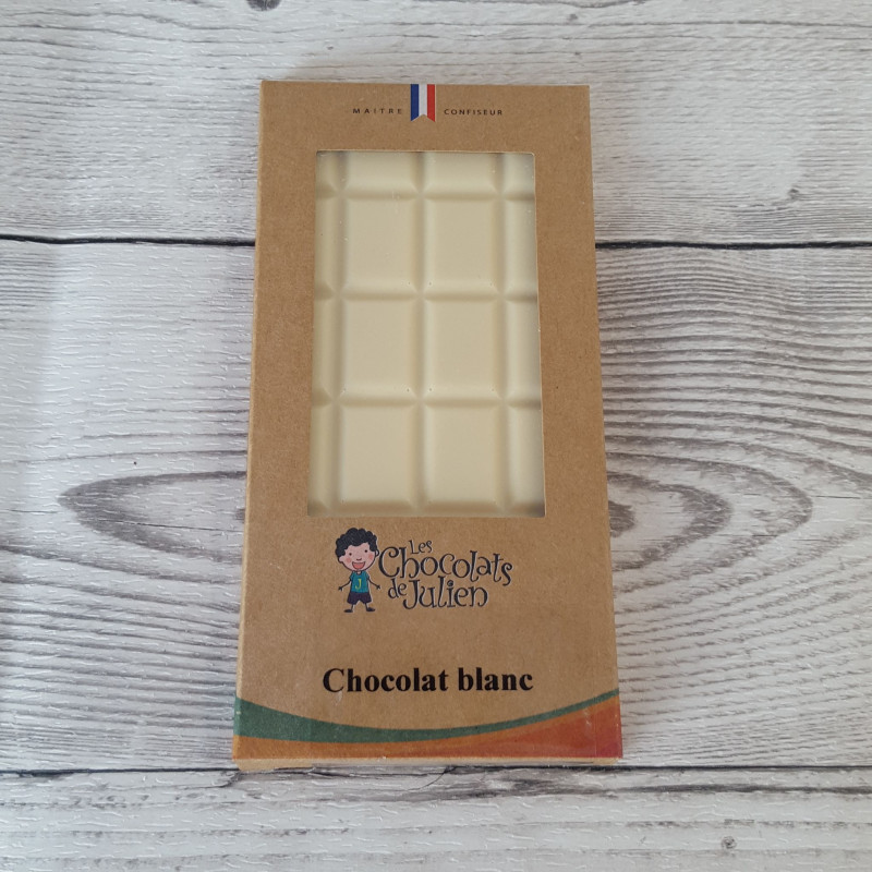 Tablette au chocolat blanc (35% de beurre de cacao minimum).
